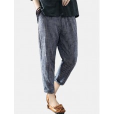 Vintage Striped Pockets Cotton Harem Pants