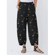 Butterflies Print Irregular Elastic Waist Pants For Women