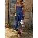 Casual Big Flower Embroidery Pockets Denim Jumpsuit