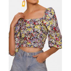 Vintage Floral Print Square Collar Puff Sleeve Crop Tops