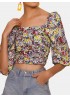 Vintage Floral Print Square Collar Puff Sleeve Crop Tops