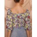 Vintage Floral Print Square Collar Puff Sleeve Crop Tops