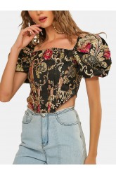 Vintage Ethnic Floral Print Square Collar Puff Sleeve Irregular Crop Top