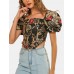 Vintage Ethnic Floral Print Square Collar Puff Sleeve Irregular Crop Top