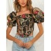 Vintage Ethnic Floral Print Square Collar Puff Sleeve Irregular Crop Top