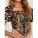 Vintage Ethnic Floral Print Square Collar Puff Sleeve Irregular Crop Top