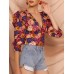 Vintage Floral Printed V-neck Bishop Half Sleeve Crop Tops