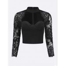 Sexy Lace Patchwork Bodycon Long Sleeve Women Crop Tops