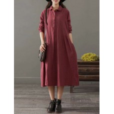 Pockets Stripe Long Sleeve Lapel Vintage Maxi Dress