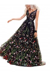 Floral Embroidered Backless Sleeveless Evening Dress