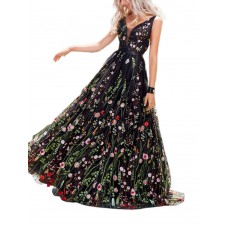 Floral Embroidered Backless Sleeveless Evening Dress