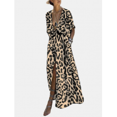 Splited Leopard Print Short Sleeve Maxi Dress For Women