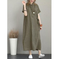 Vintage Turn-down Collar Side Pocket Drawstring Dress