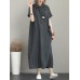 Vintage Turn-down Collar Side Pocket Drawstring Dress