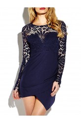 Lace Patchwork Cross Wrap Hem Long Sleeve O-neck Women Mini Dress