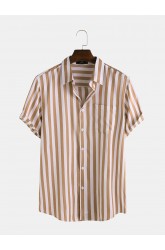 Mens Brief Style Stripe Printed Casual Breathable Short Sleeve Shirts