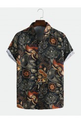 Mens Ethnic Style Flower Printed Casual Breathable Short Sleeve Shirts