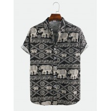 Mens Summer Elephant Printing Ethnic Style Short Sleeve Lapel Shirt