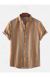 Mens Classic Striped Short Sleeve Casual Loose Turn Down Collar Shirts