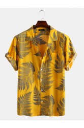 Mens 100% Cotton Leaf Printed Chest Pocket Turn Down Collar Short Sleeve  Shirts