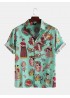 Mens Funny Cartoon Printed Chest Pocket Turn Down Collar Short Sleeve Shirts