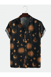 Mens Funny Cartoon Pocket Sun Image Printed Short Sleeve Shirts