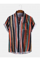 Mens Multi Color Stripe Chest Pocket Breathable Short Sleeve Shirts