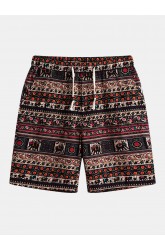 Mens Ethnic Printing Drawstring Elastic Waist Casual Straight Shorts