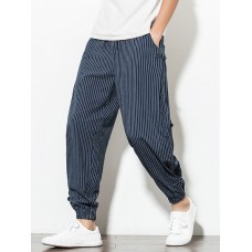 Mens Cotton Linen Side Panel Buckle Plain Stripe Drawstring Harem Pants