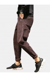 Mens Plain Corduroy Embroidery Button Zipper Straight Pants