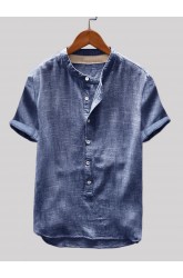Mens Cotton Linen Vintage Solid Stand Collar Casual Henley Shirt