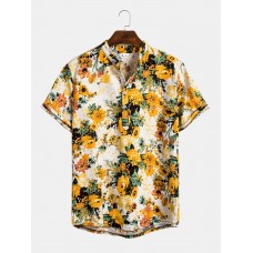 Mens Vacation Style Tropical Floral Printed Stand Collar Short Sleeve Henley Shirt